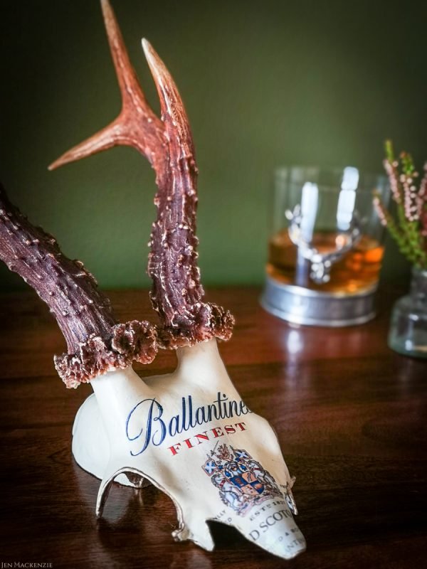 Ballantines Finest Whisky original label decoupaged onto roebuck antlers.