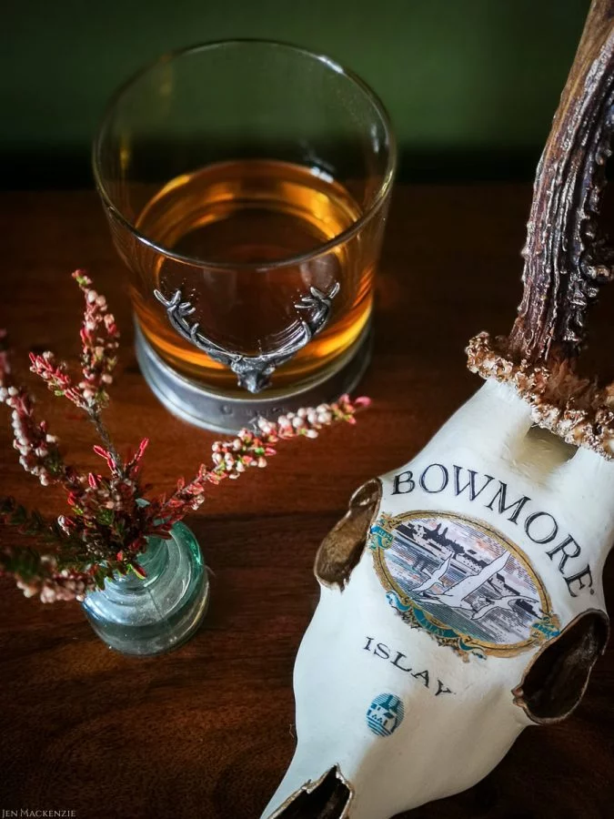 Stunning Bowmore Islay Single Malt whisky label antler wall decor. Perfect for whisky collectors!