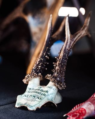 roebuck antlers decoupaged with genuine scottish pound note