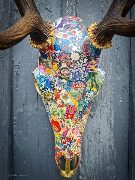 Red Stag decoupaged with Liberty fabric